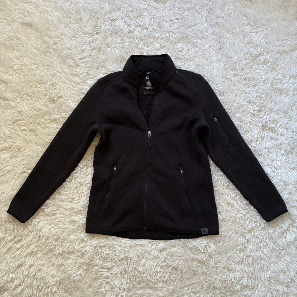 LL Bean Sweater Fleece Full Zip Jacket Black Women Size Medium Cozy Fall Winter